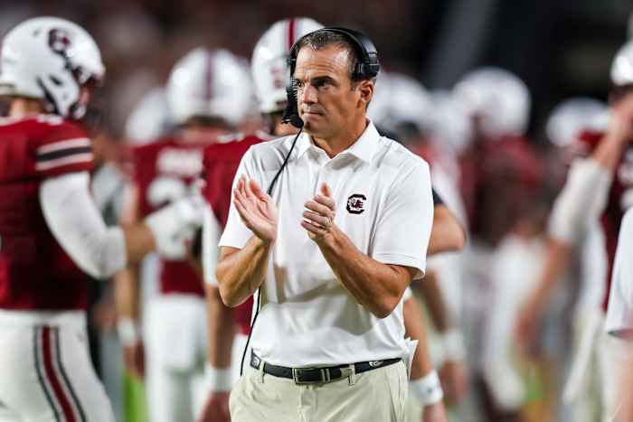South Carolina Gamecocks head coach Shane Beamer directs his team against the Furman Paladins during the second quarter at Williams-Brice Stadium. Mandatory Credit: Jeff Blake-USA TODAY Sports